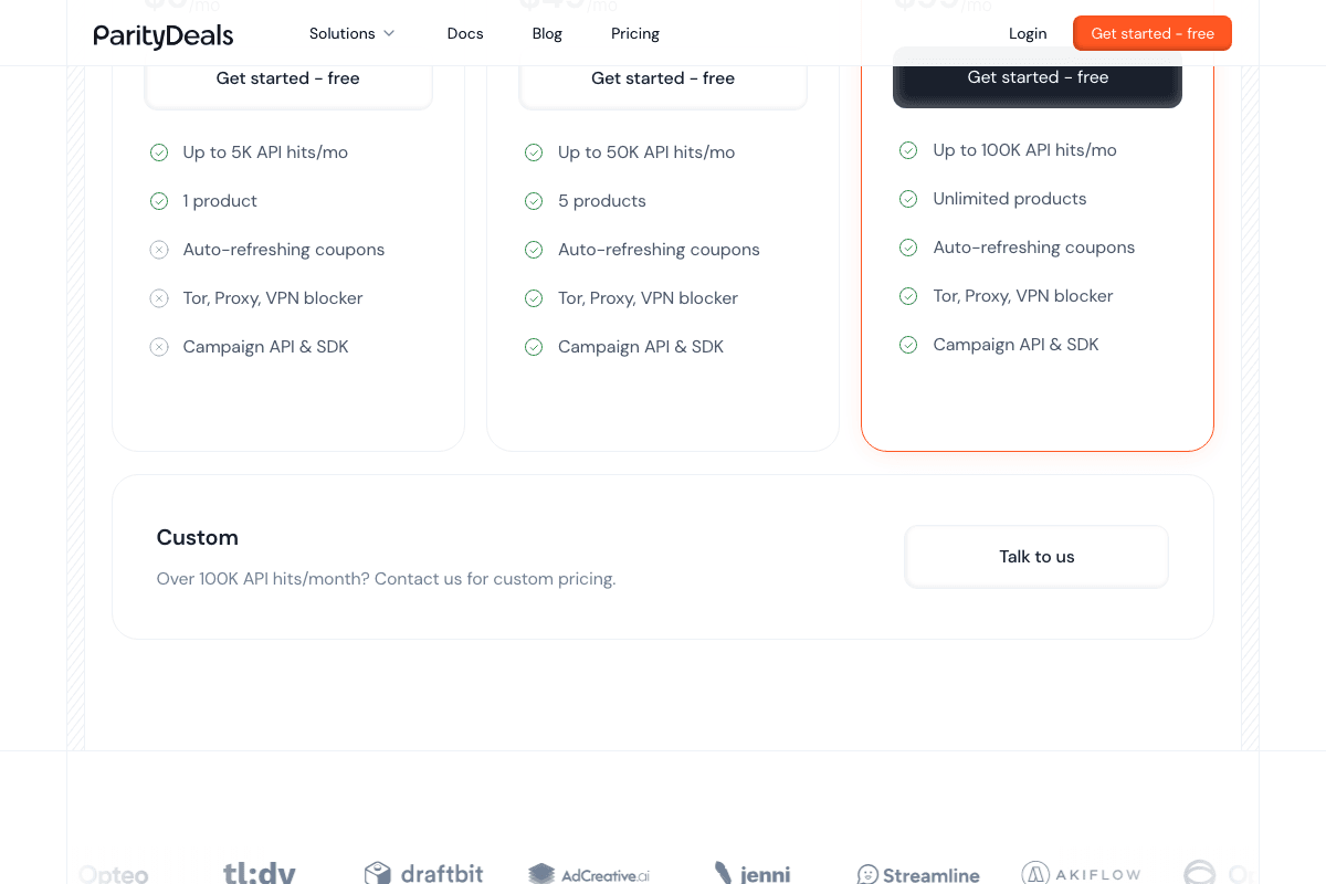 ParityDeals feature comparison across plans