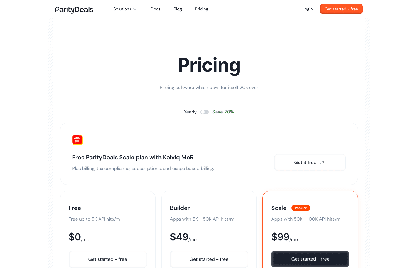 ParityDeals pricing page showing Free, Builder, and Scale plans