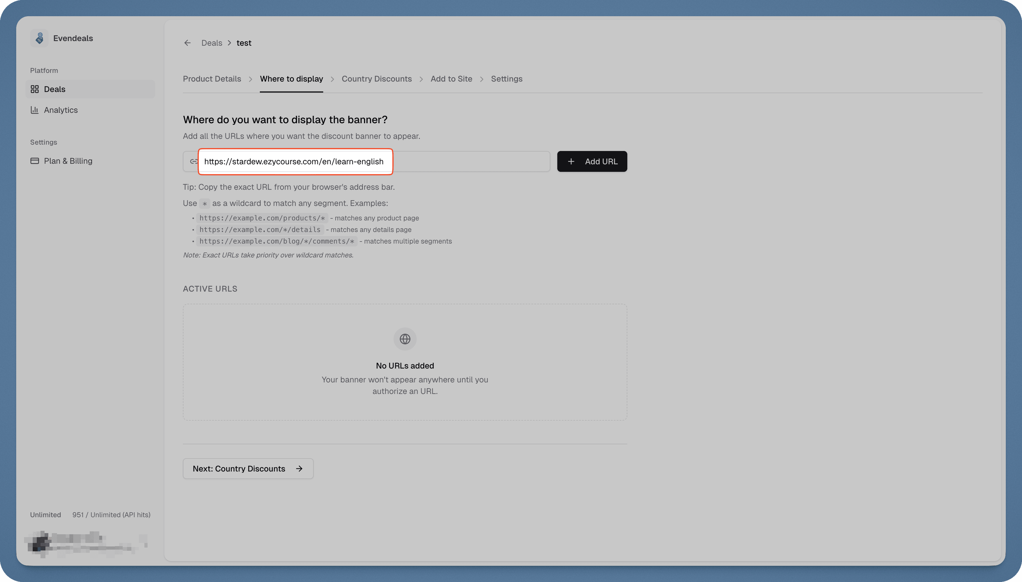Evendeals URL configuration screen