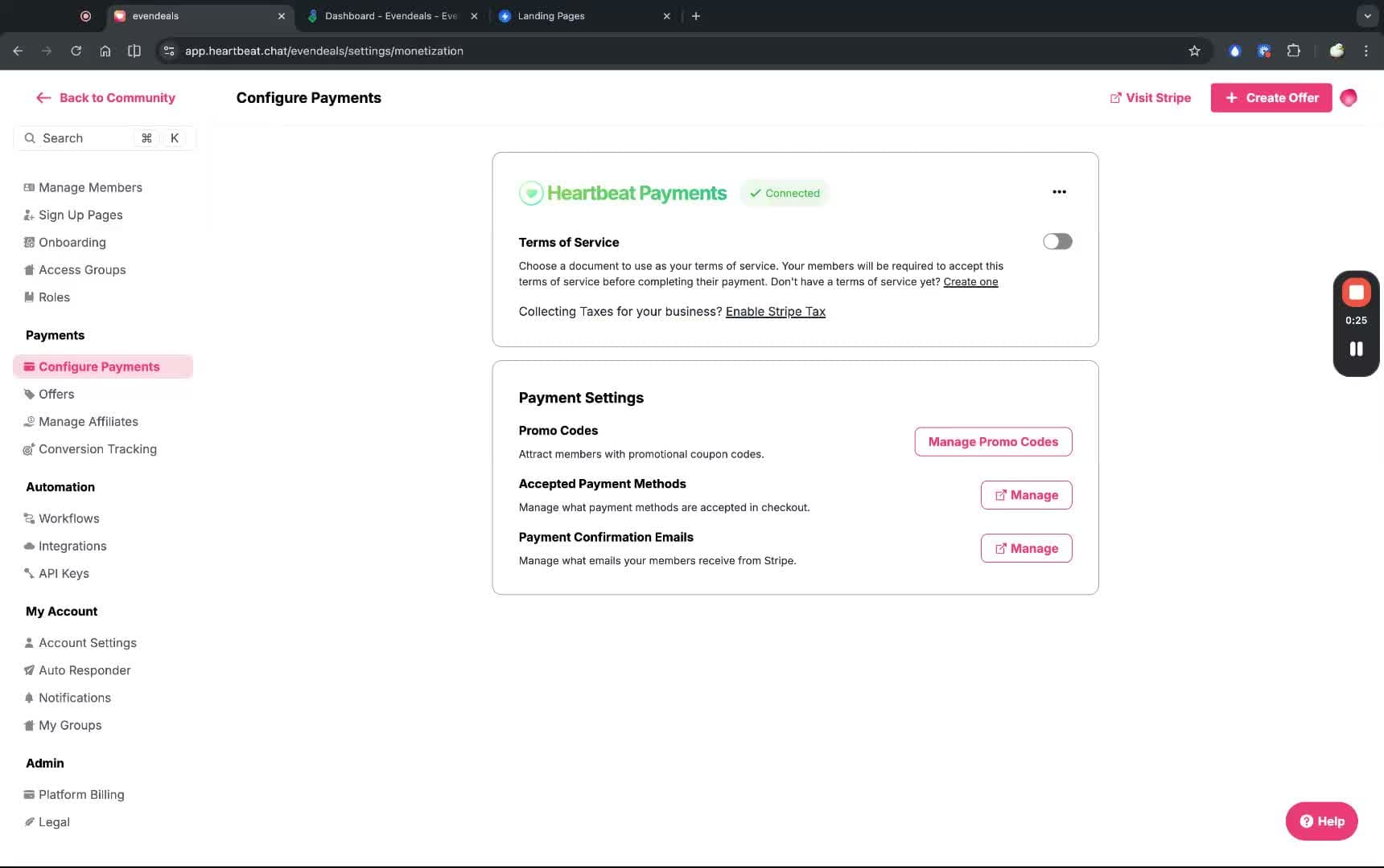 Heartbeat Configure Payments page showing Stripe connected