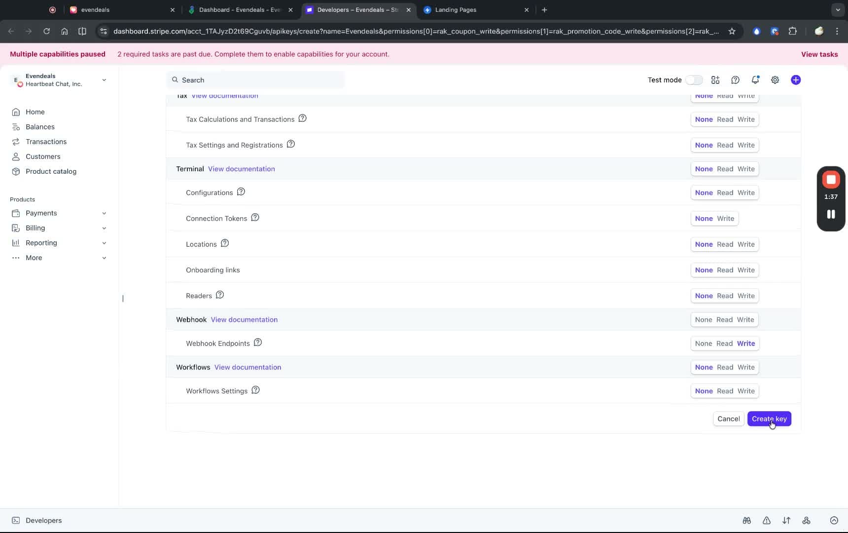Scroll down and click Create key on Stripe