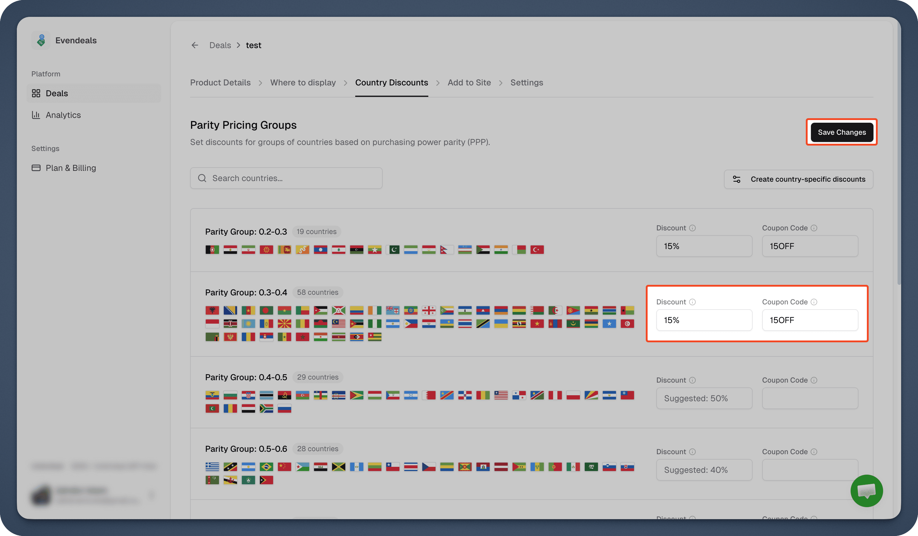 Evendeals country discounts - two-way sync with Podia coupons