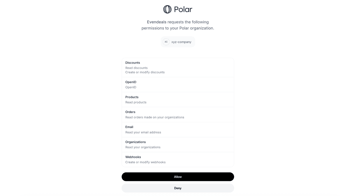 Polar OAuth authorization screen
