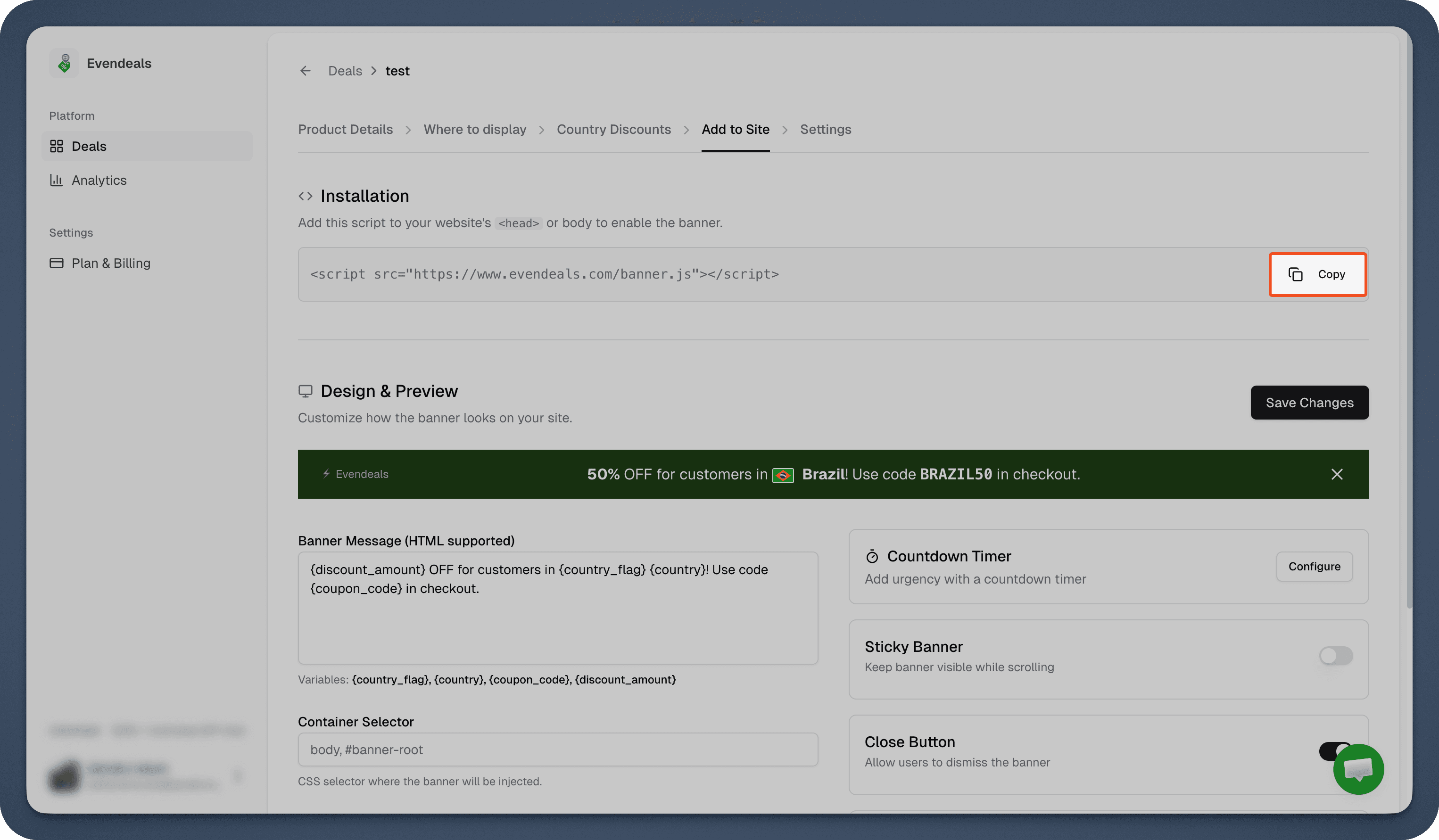 Evendeals banner design and installation script