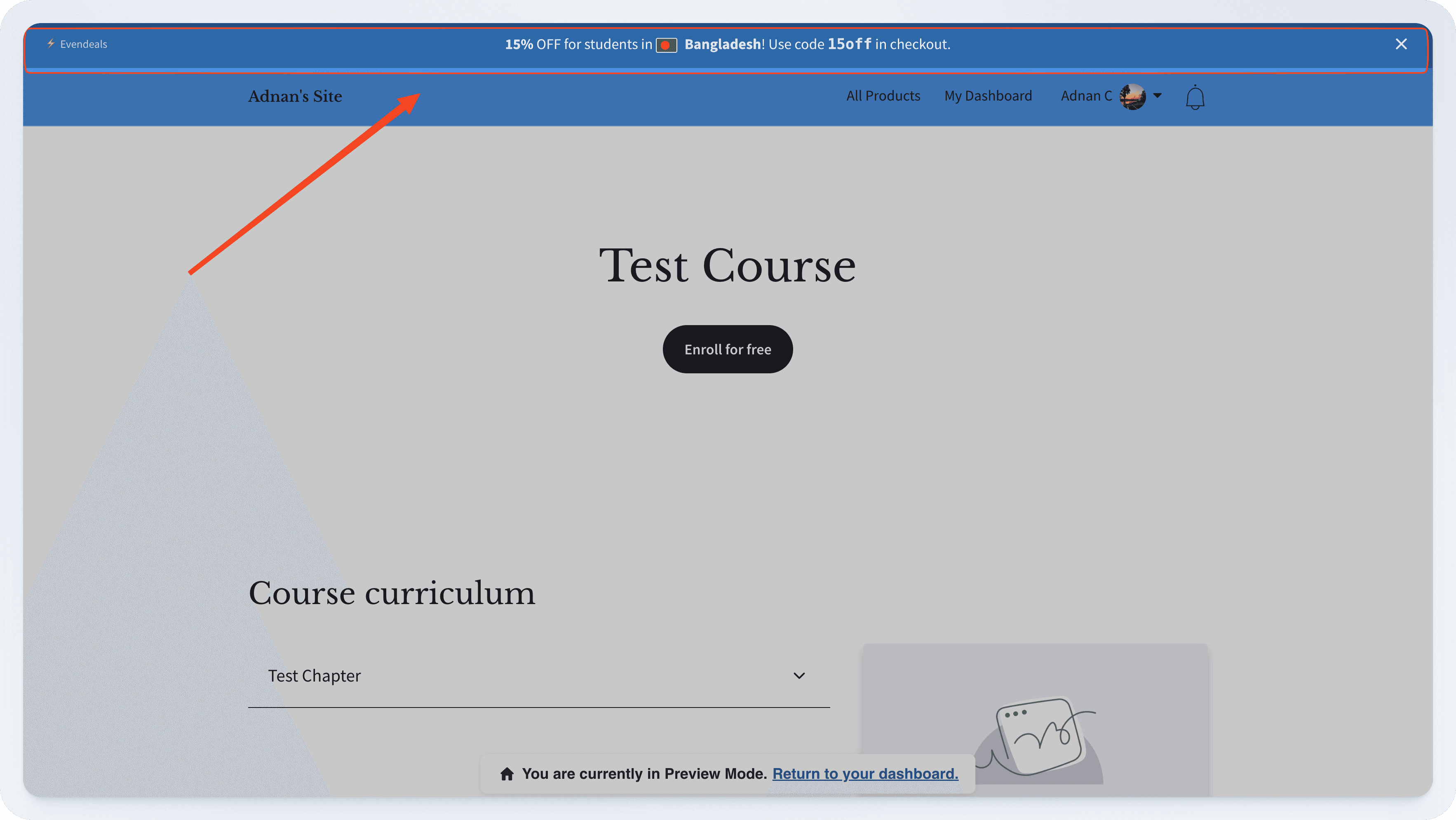 Live banner on Thinkific course page