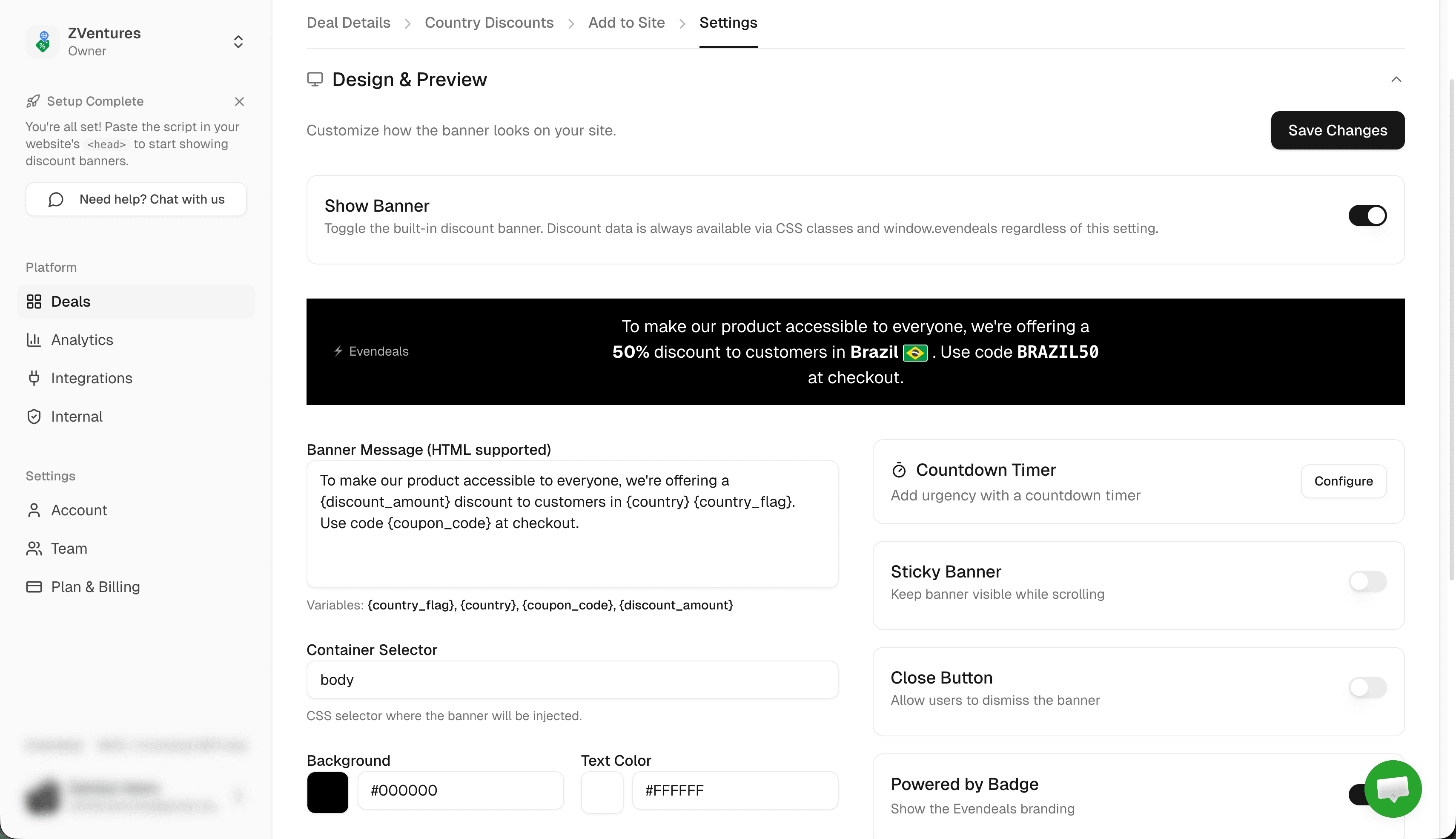 Evendeals Design tab for banner customization